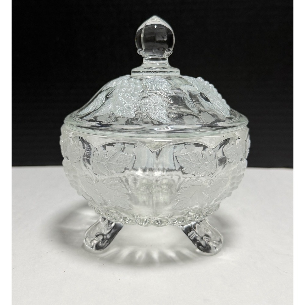 Vintage Westmoreland Paneled Grape Leaf Clear Glass Footed Candy Dish with Lid